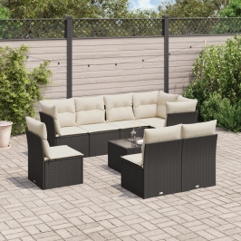 Set de sofás de jardín 8 piezas y cojines ratán sintético negro