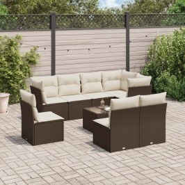 Set de sofás de jardín 9 pzas y cojines ratán sintético marrón