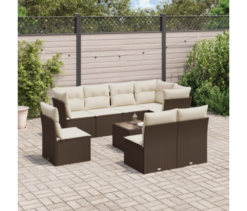Set de sofás de jardín 9 pzas y cojines ratán sintético marrón