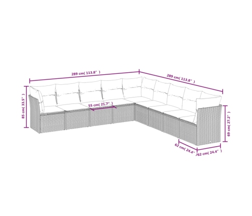 Set de muebles de jardín 9 pzas y cojines ratán sintético gris