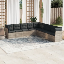 Set muebles jardín 9 pzas y cojines ratán sintético gris claro