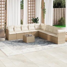 Juego de sofás jardín con cojines beige 10 pzas ratán sintético