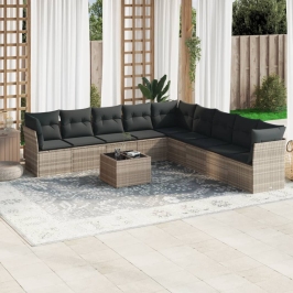 Set sofás jardín 10 pzas con cojines ratán sintético gris claro