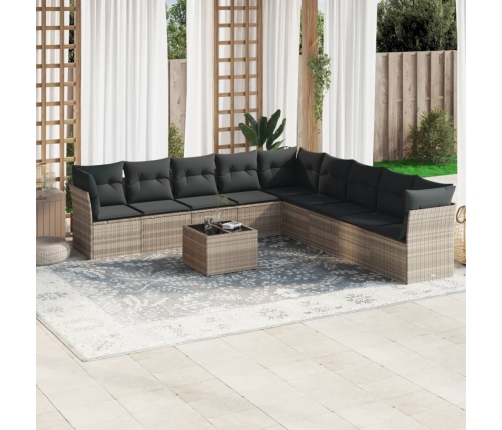 Set sofás jardín 10 pzas con cojines ratán sintético gris claro
