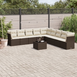 Set de sofás de jardín 10 pzas y cojines ratán sintético marrón
