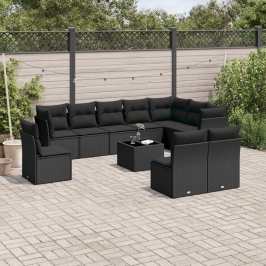 Set de sofás de jardín 11 pzas y cojines ratán sintético negro