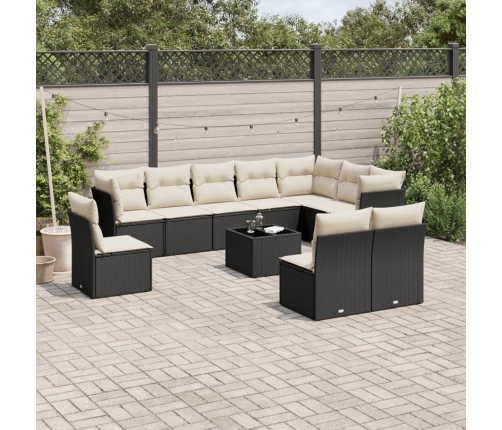 Set de sofás de jardín 11 pzas y cojines ratán sintético negro