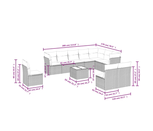 Set de sofás de jardín 11pzas con cojines ratán sintético beige