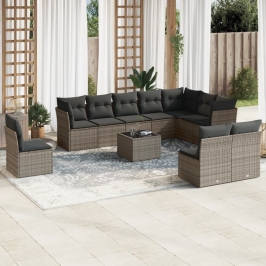 Set de sofás de jardín 11 pzas y cojines ratán sintético gris