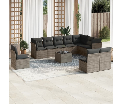 Set de sofás de jardín 11 pzas y cojines ratán sintético gris
