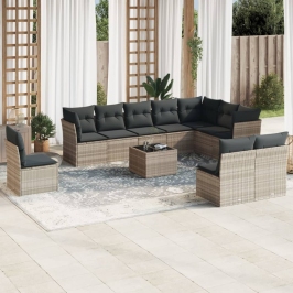 Set de sofás de jardín 11 pzas y cojines ratán sintético gris