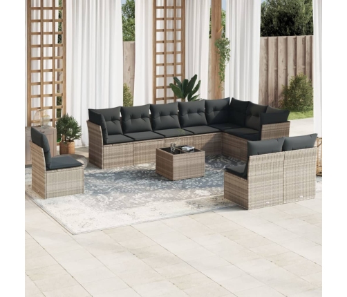 Set de sofás de jardín 11 pzas y cojines ratán sintético gris