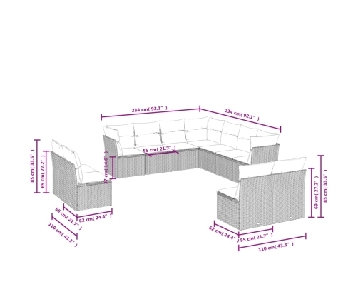Set de sofás de jardín 11 pzas y cojines ratán sintético gris
