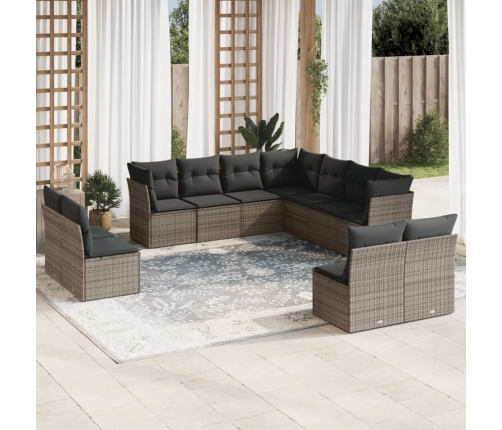 Set de sofás de jardín 11 pzas y cojines ratán sintético gris