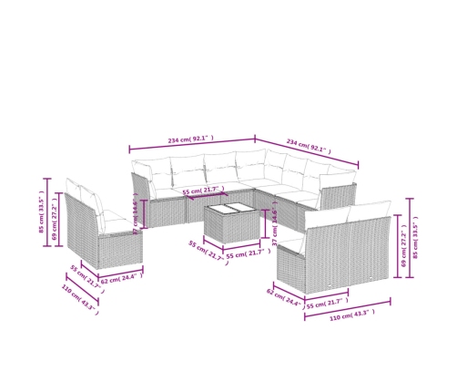 Set de sofás de jardín 12 pzas y cojines ratán sintético marrón