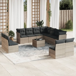 Set de sofás de jardín 12 pzas y cojines ratán sintético gris