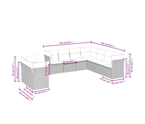Set de sofás de jardín 9 pzas con cojines ratán sintético beige
