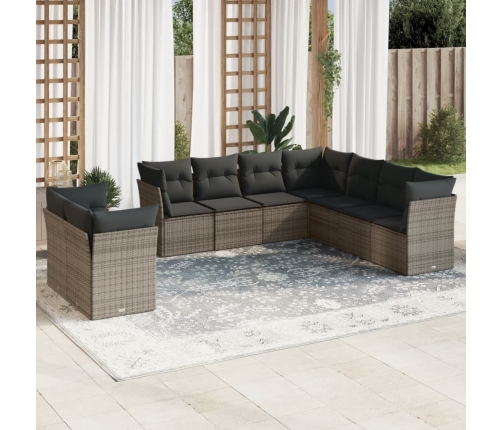 Set de muebles de jardín 9 pzas y cojines ratán sintético gris