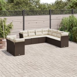 Set de sofás de jardín 9 pzas y cojines ratán sintético marrón