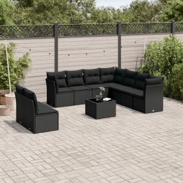 Set de sofás de jardín 10 pzas cojines ratán sintético negro