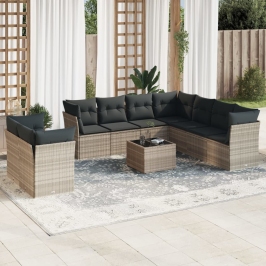 Set sofás jardín 10 pzas con cojines ratán sintético gris claro