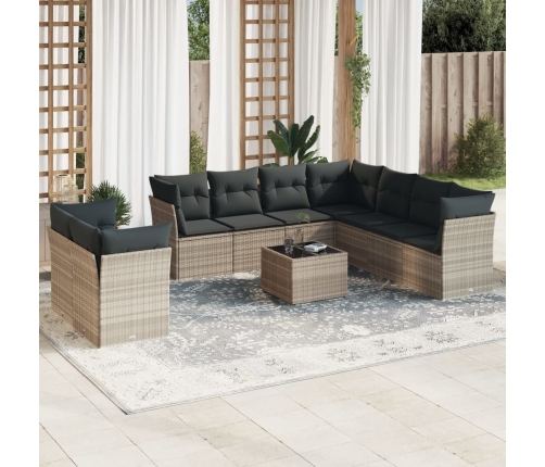 Set sofás jardín 10 pzas con cojines ratán sintético gris claro