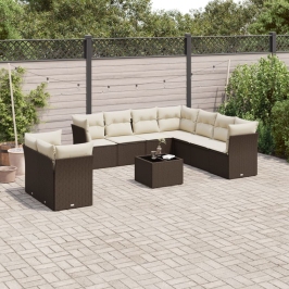 Set de sofás de jardín 10 pzas y cojines ratán sintético marrón