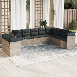 Set sofás jardín 10 pzas con cojines ratán sintético gris claro