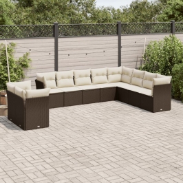 Set de sofás de jardín 10 pzas y cojines ratán sintético marrón