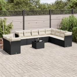 Set de sofás de jardín 11 pzas y cojines ratán sintético negro