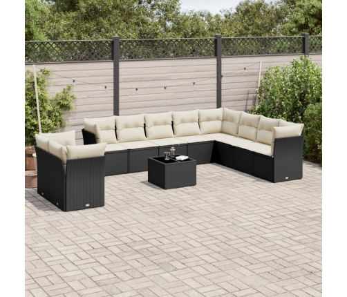 Set de sofás de jardín 11 pzas y cojines ratán sintético negro