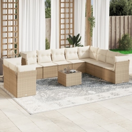 Set de sofás de jardín 11pzas con cojines ratán sintético beige