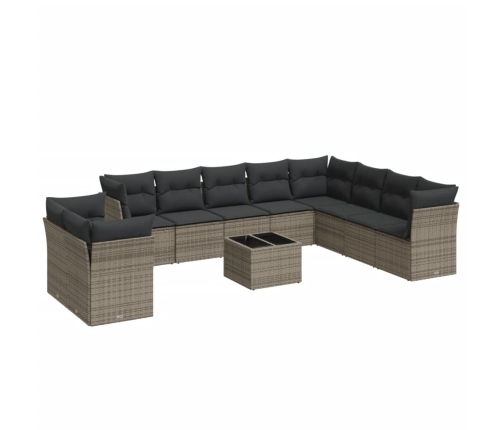 Set de sofás de jardín 11 pzas y cojines ratán sintético gris