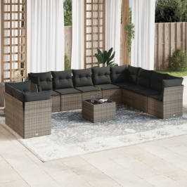 Set de sofás de jardín 11 pzas y cojines ratán sintético gris