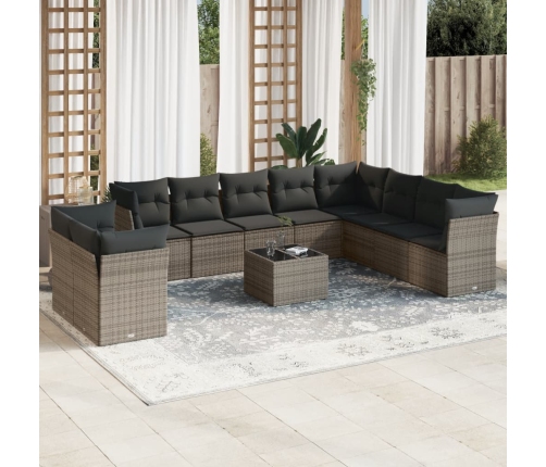 Set de sofás de jardín 11 pzas y cojines ratán sintético gris