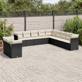 Set de sofás de jardín 11 pzas y cojines ratán sintético negro