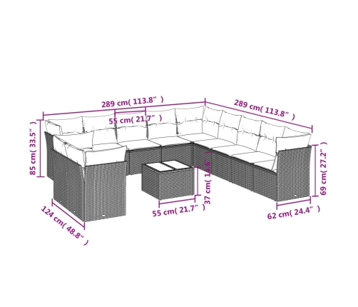 Set de sofás de jardín 12 pzas con cojines ratán sintético gris