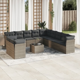 Set de sofás de jardín 12 pzas con cojines ratán sintético gris