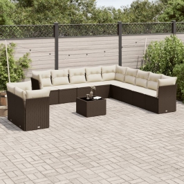 Set de sofás de jardín y cojines 12 pzas ratán sintético marrón