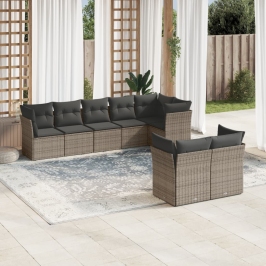 Set de sofás de jardín 8 pzas y cojines ratán sintético gris