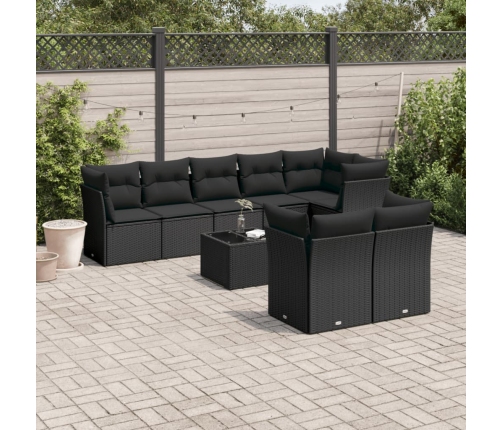Set de sofás de jardín 8 piezas y cojines ratán sintético negro