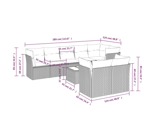 Set muebles jardín 9 pzas y cojines ratán sintético gris claro