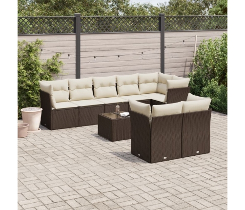 Set de sofás de jardín 9 pzas y cojines ratán sintético marrón