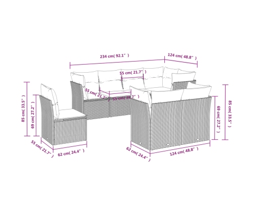 Set de sofás de jardín 8 pzas y cojines ratán sintético gris