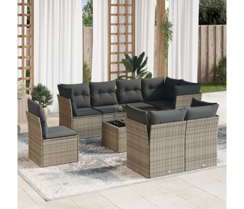 Set de muebles de jardín 9 pzas y cojines ratán sintético gris