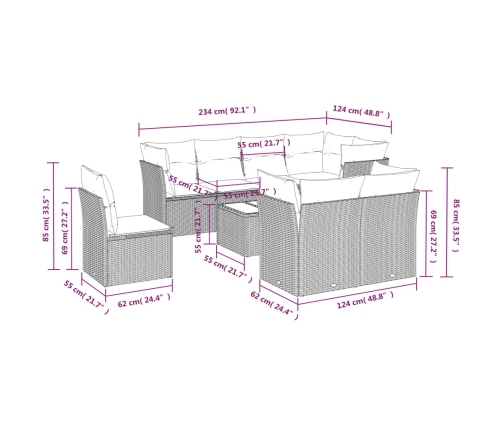 Set muebles jardín 9 pzas y cojines ratán sintético gris claro