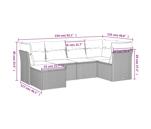 Set de muebles de jardín 6 pzas y cojines ratán sintético gris