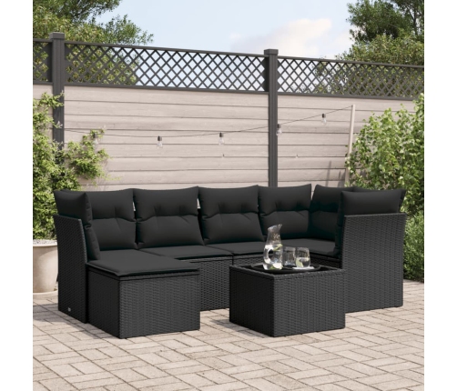 Set de comedor de jardín 7 pzas y cojines ratán sintético negro