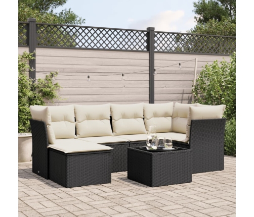 Set de comedor de jardín 7 pzas y cojines ratán sintético negro