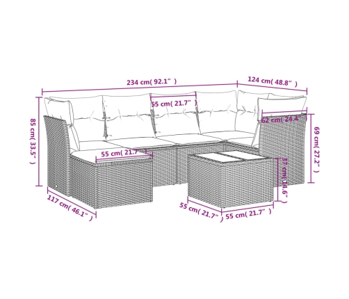 Set sofás de jardín 7 piezas y cojines ratán sintético beige
